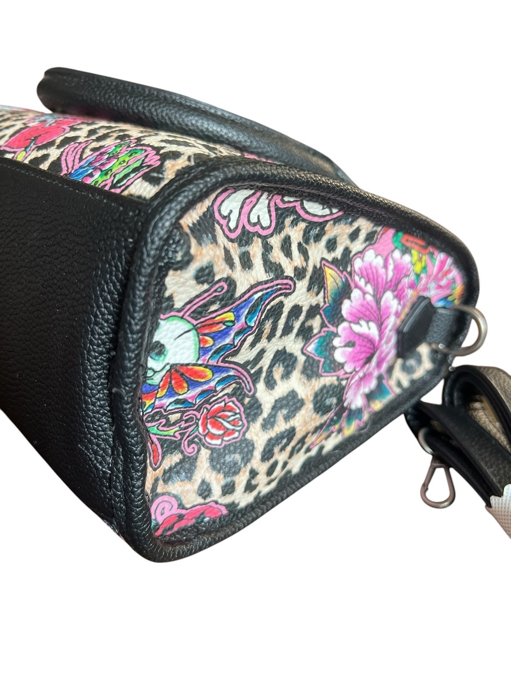 Ed Hardy Black Leopard Print Floral Skull Satchel - Black - Picture 7 of 10